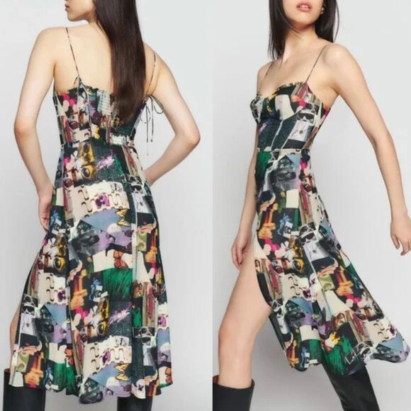 Reformation Juliette Decoupage Mixed Media Print Black Midi Dress‎ Size 12 - Picture 2 of 11